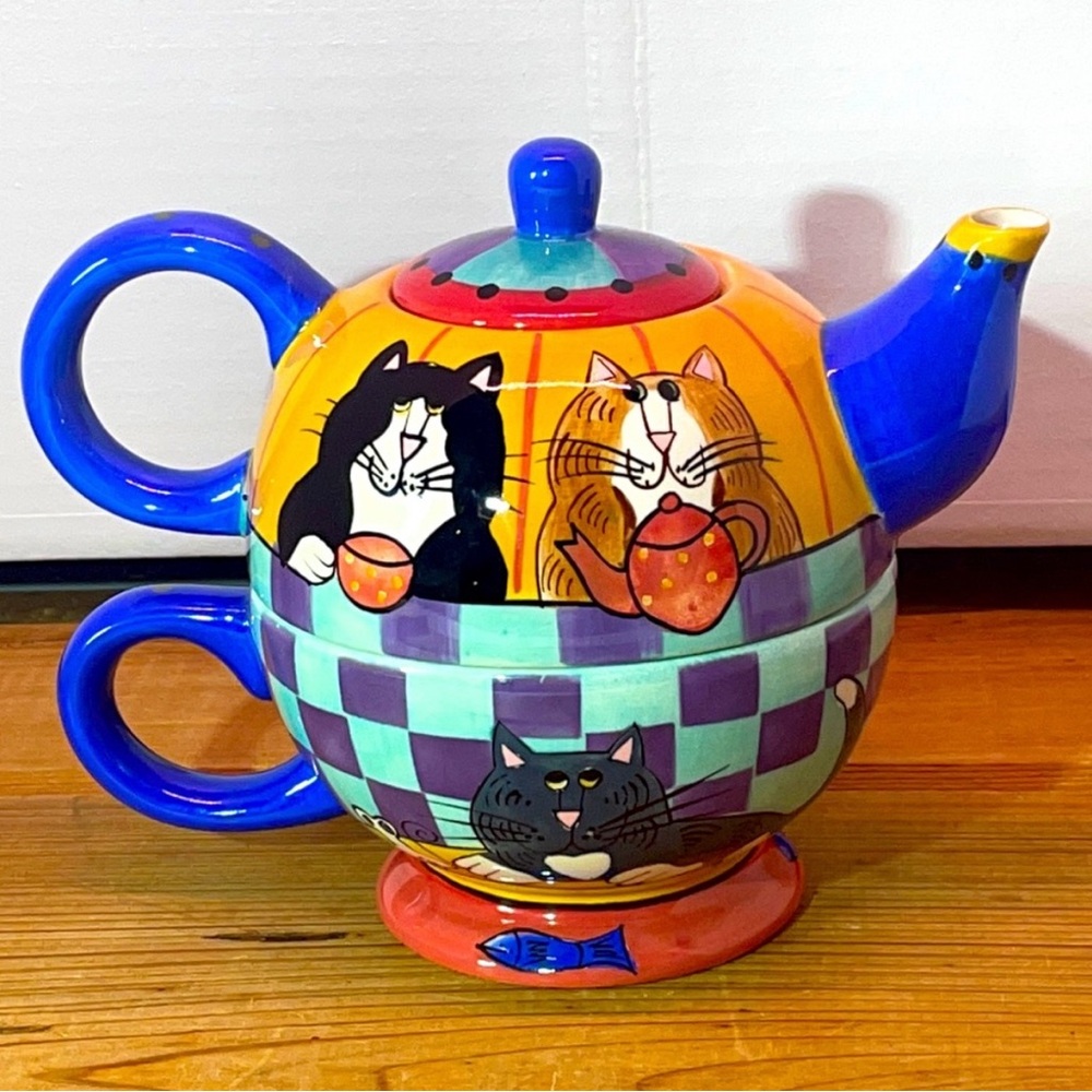 Catzilla" Candace Reiter 2001 Hand-Painted Cat Teapot 3-Piece Set
